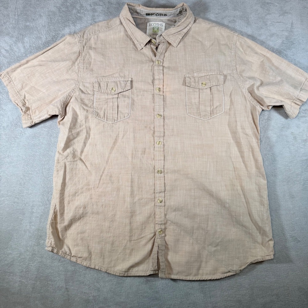 Ecoths Mens XXL Tan Short Sleeve Button Down Shirt Textured Contrast‎ Stitching